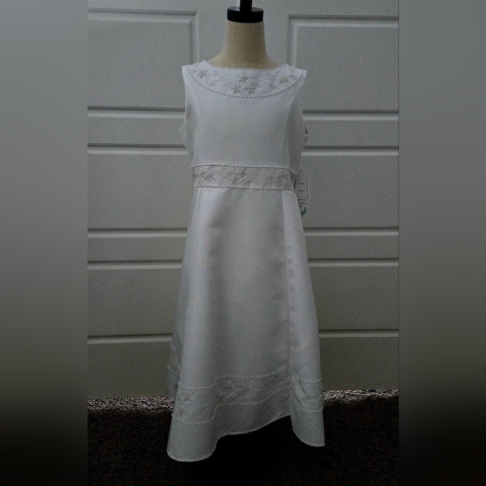White Sleeveless Satin Girls Formal Baptism, Communion, or Flower Girl Dress - Picture 1 of 7